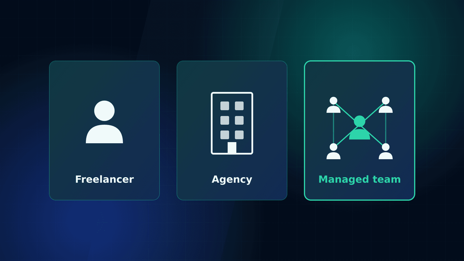 Illustration comparing three support models: a single freelancer, an agency building and a connected managed team