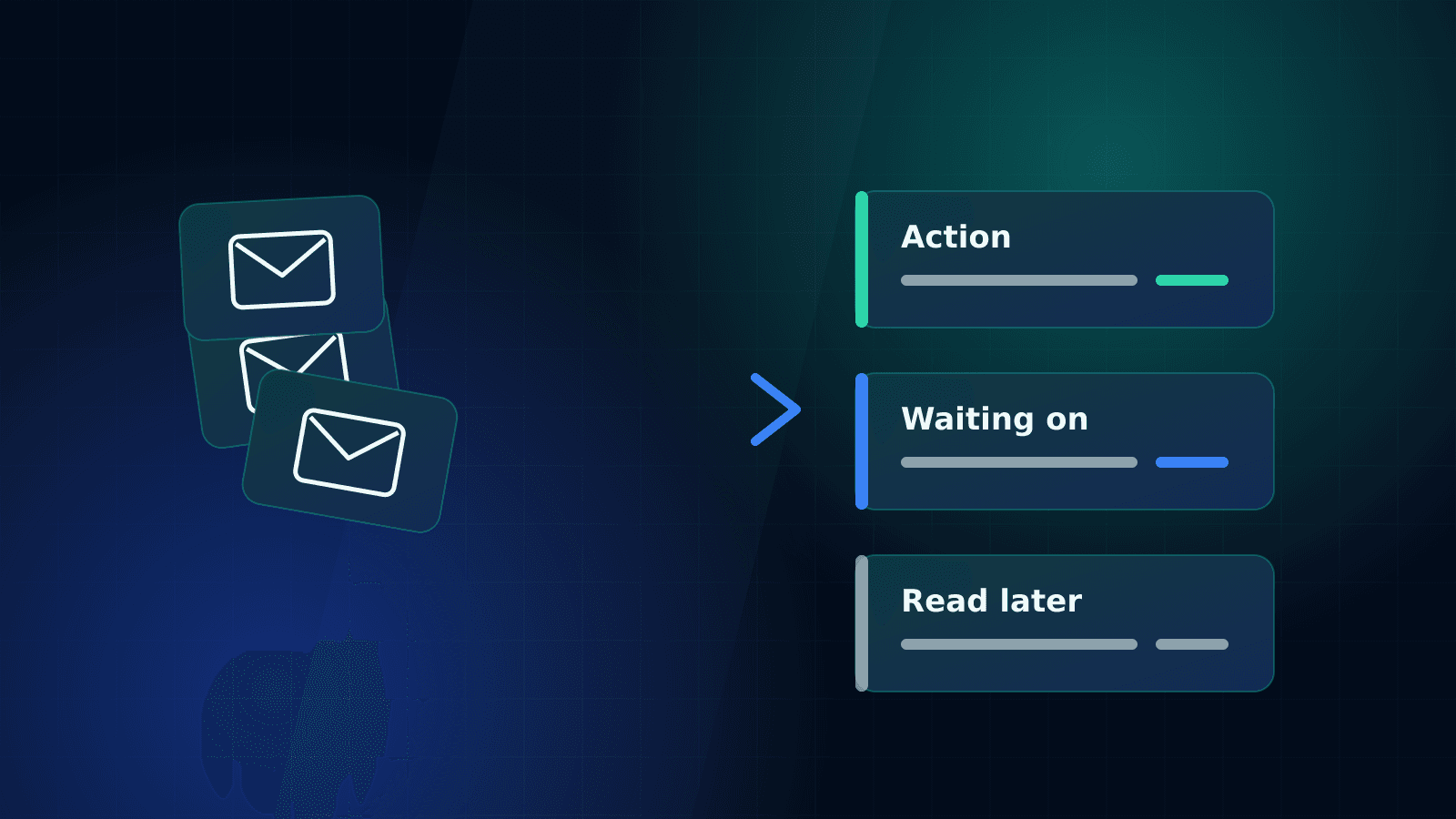 Illustration of a messy stack of envelopes being sorted into three tidy lanes labelled Action, Waiting on and Read later
