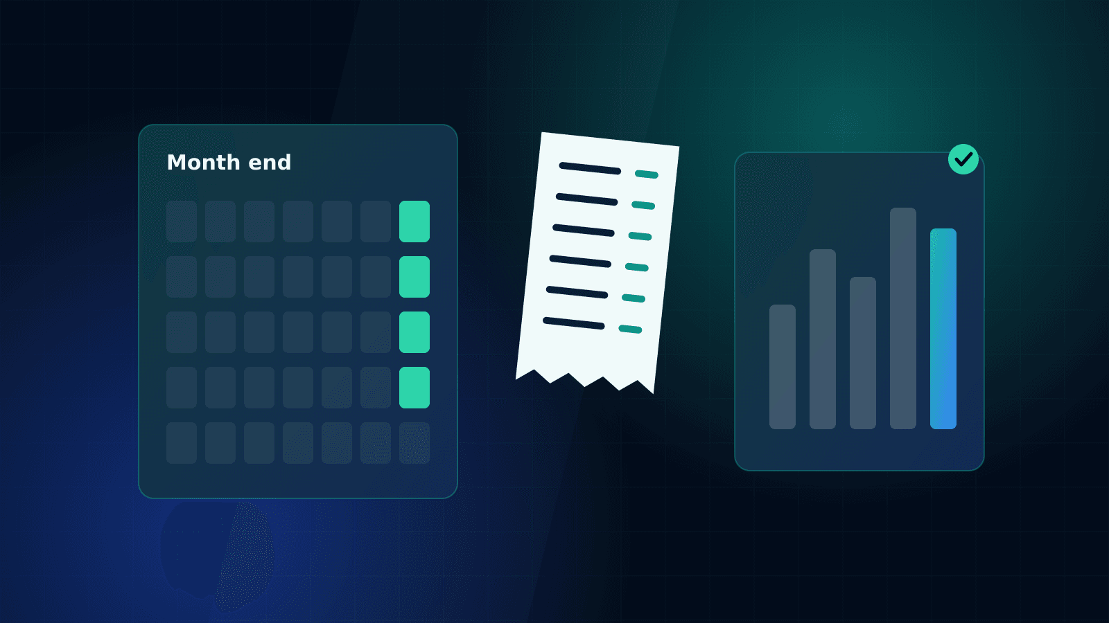 Illustration of a month calendar with weekly check-ins, a receipt and a rising bar chart