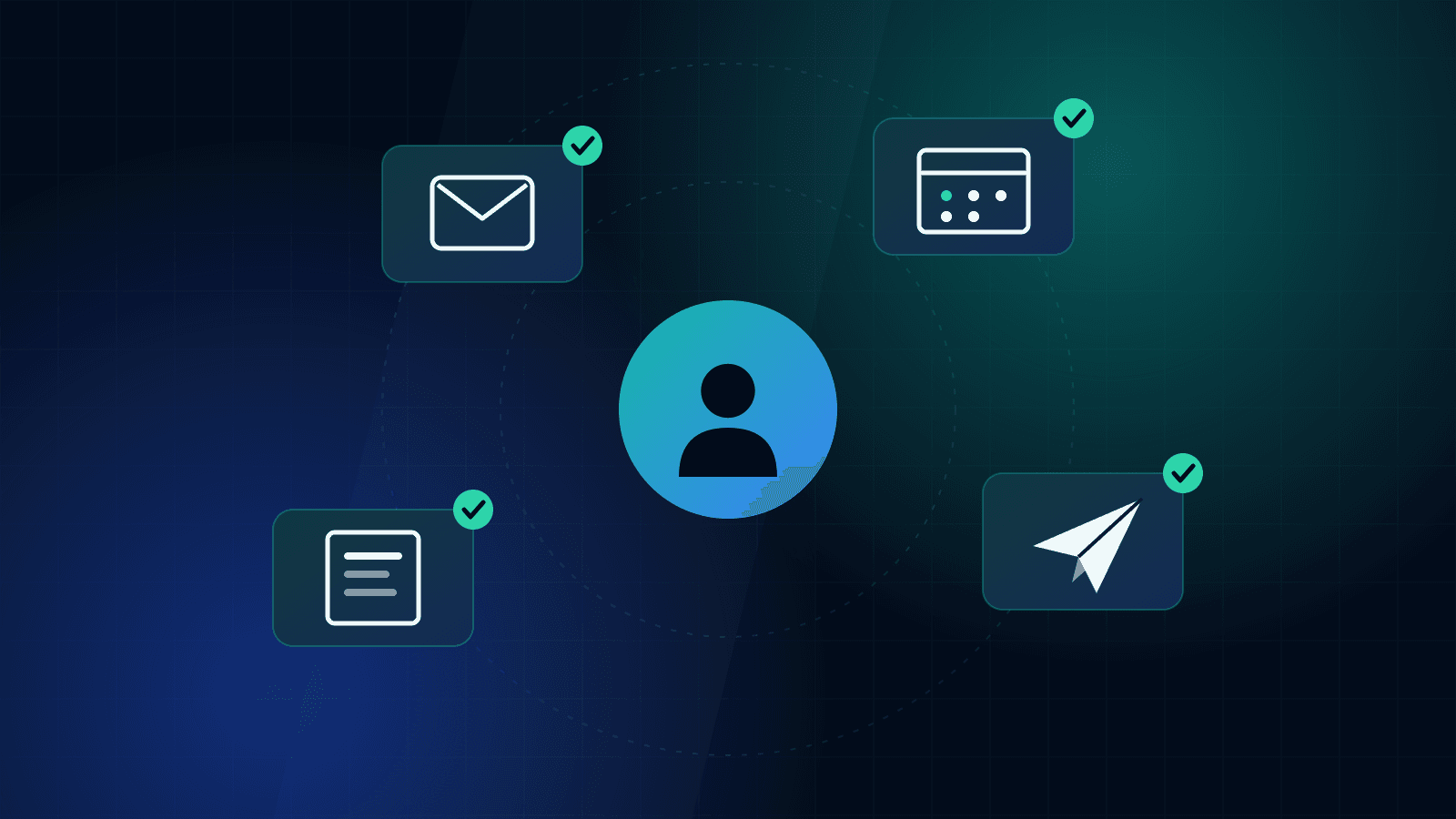 Illustration of a person at the centre of four completed tasks: email, calendar, documents and travel